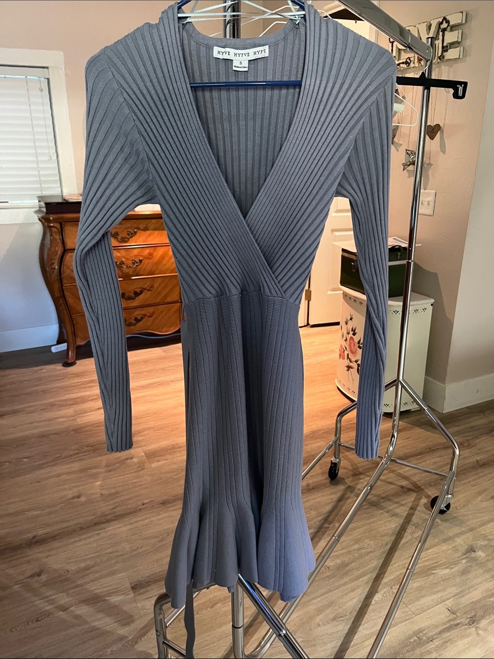 HYFVE Ribbed Wrap Long Sleeve Dress - Blue Gray